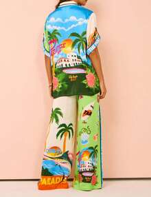 Fnortc Women's Summer Printed Two Piece Pajama Set Short Sleeve Button Top Drawstring Pants Pajamas - Green - View 5