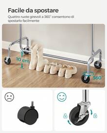 Stand Appendiabiti con Rotelle, Portabiti per Carico Pesante, Barra Estensibile, Portata 130 kg, 45 x (110-150) x 162,9 cm, Metallo Cromato, Argento - Argento - Visualizzare 3
