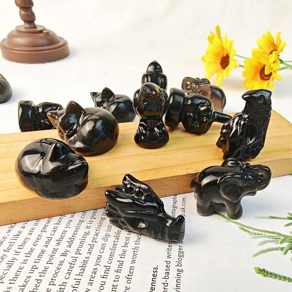 1PC Random Mini Carving Crafts Black Obsidian Silver Obsidian Cat Elephant Finger Dragon Head Statuette Figurine Special Gift For Collection Home Decor Ornament