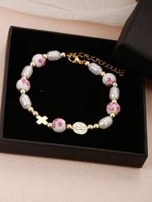 1 件优雅精致的十字架和耶稣吊坠陶瓷和金珠不锈钢手链，经典女士日常/海滩派对珠宝配饰吊坠精美礼物/十字架珠宝/圣本笃，奖章和小十字架基督教礼物附赠礼品盒 - 1PC - 查看 6