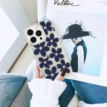 1 pièce Étui de téléphone mode fleurs bleu marine minimaliste et mignon, motif floral bleu marine mignon, style de dessin animé minimaliste, motif de marguerite et de fleurs, haute qualité, anti-chute, dégradé de plumes argentées, vague de plumes, style art de luxe brillant au laser, compatible avec Apple/OPPO/VIVO/Honor/Redmi/Transsion, printemps anniversaire - Multicolore - Voir 4