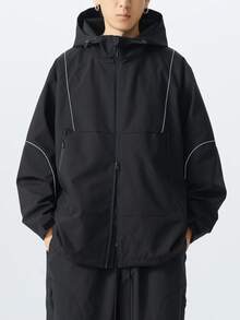 Men Plus Size Long Sleeve Hooded Jacket, Casual Short Outerwear , Fall - Black - View 4