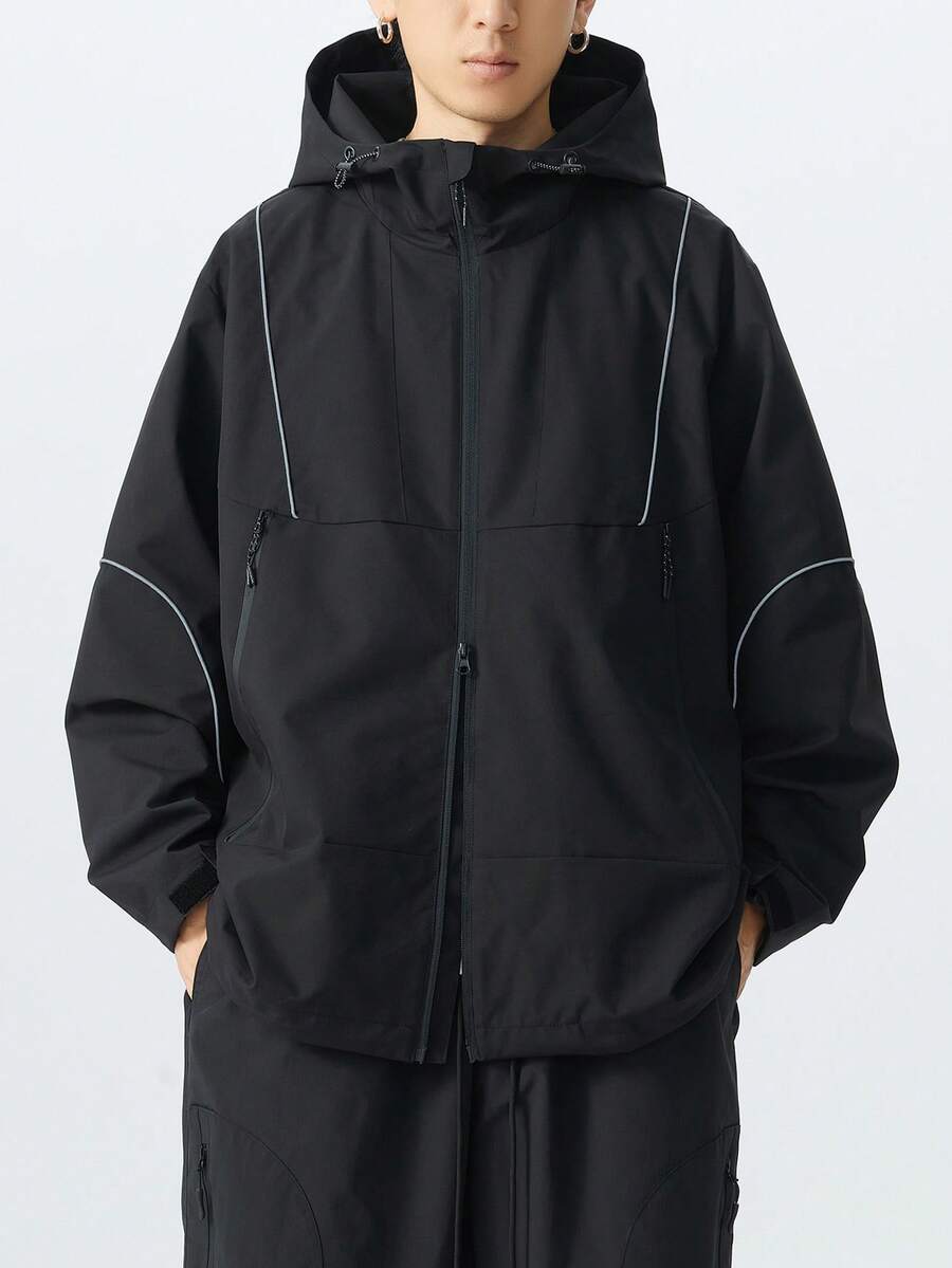 Men Plus Size Long Sleeve Hooded Jacket, Casual Short Outerwear , Fall - Black - View 1