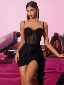 Vestido de cóctel corto sin mangas con lentejuelas, tirantes de espagueti, parches de tul, volantes y espalda descubierta con lazo para fiesta, club, cita nocturna