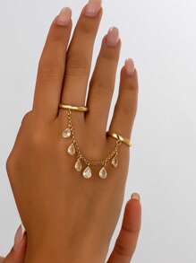 1pc Fashionable Elegant Copper Material Zirconia Inlaid Tassel Full Finger Ring, Suitable For Daily Wear, Gifts, Parties, Weddings - Yellow Gold - View 1