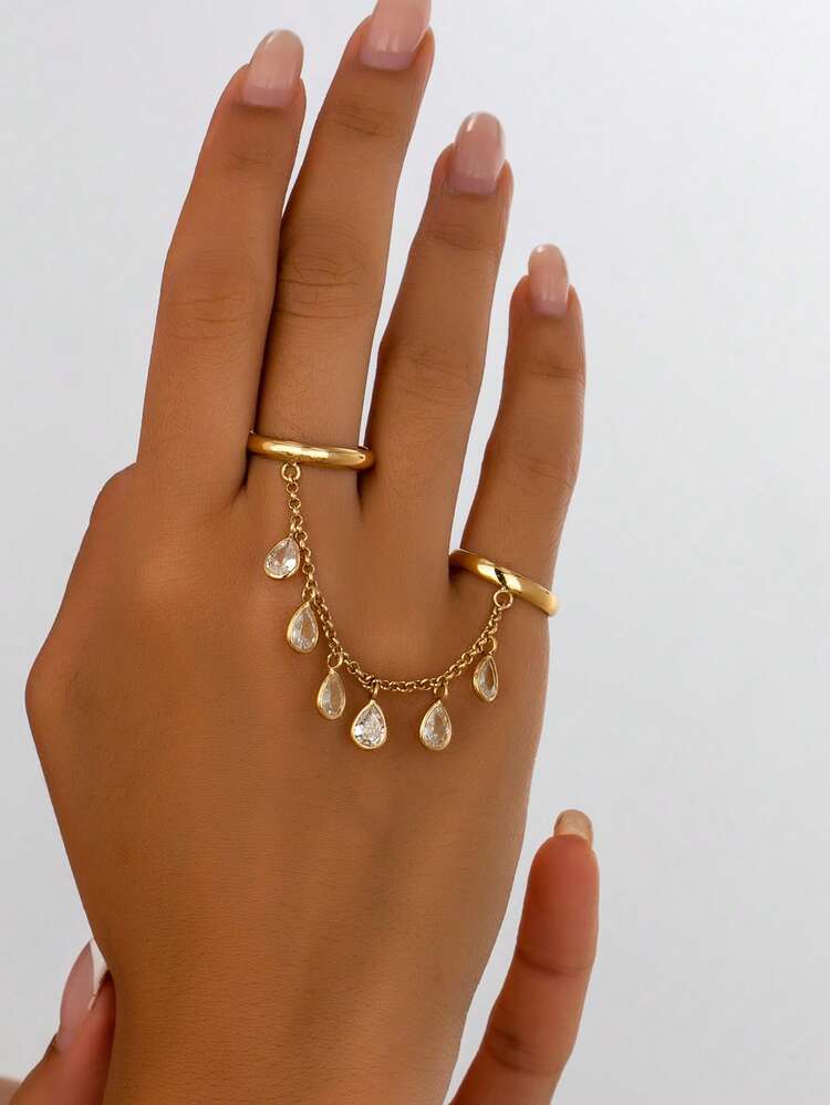 1pc Fashionable Elegant Copper Material Zirconia Inlaid Tassel Full Finger Ring, Suitable For Daily Wear, Gifts, Parties, Weddings - Yellow Gold - View 1