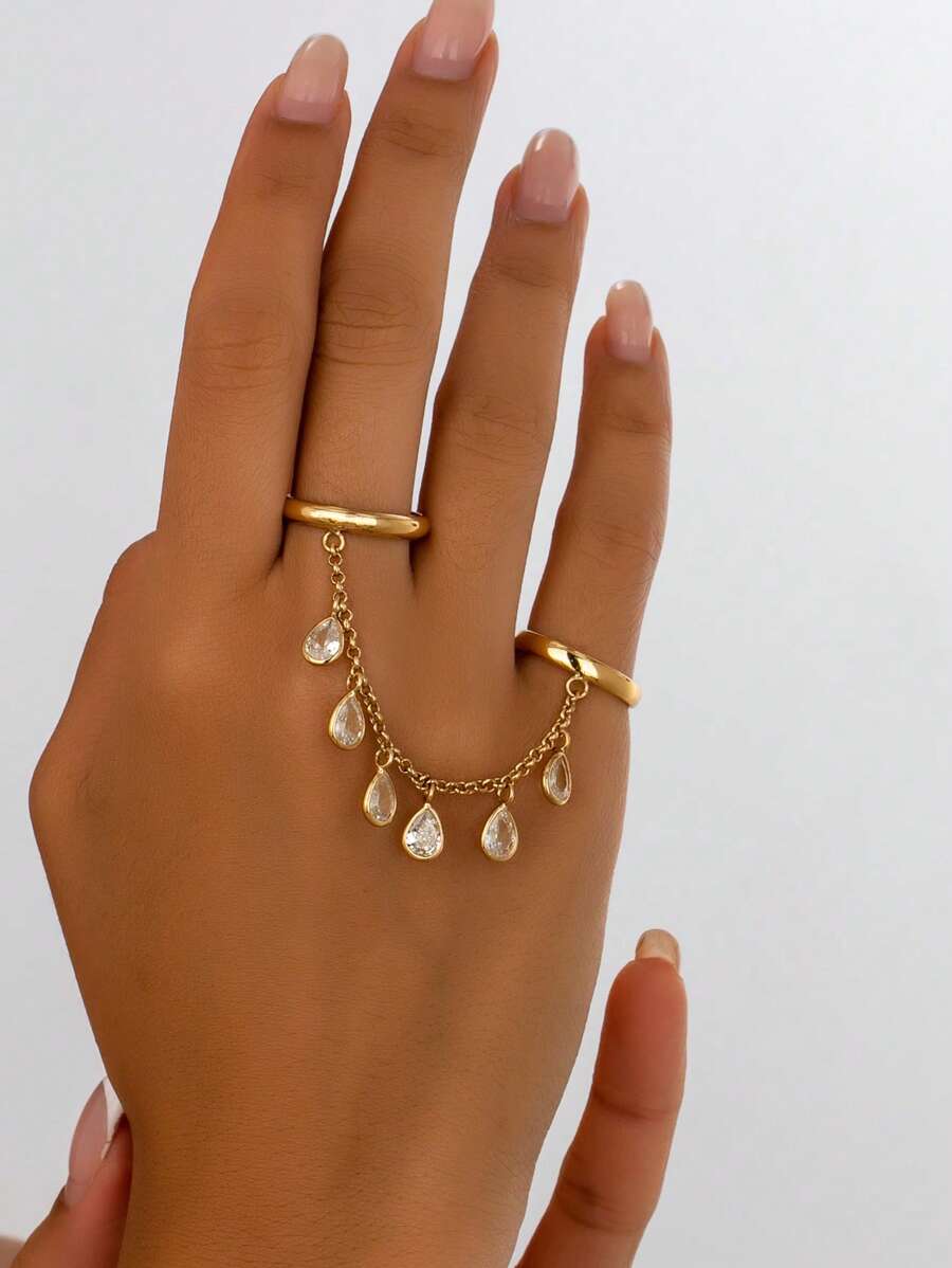 1pc Fashionable Elegant Copper Material Zirconia Inlaid Tassel Full Finger Ring, Suitable For Daily Wear, Gifts, Parties, Weddings - Yellow Gold - View 1