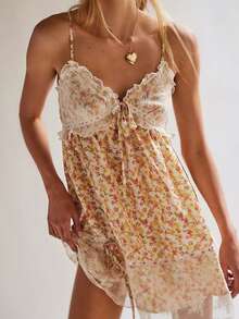 Women Boho Floral Mini Cami Dress Spaghetti Strap Sleeveless Deep V Neck Flowy Sling Dress Graphic Backless Y2K Summer Holiday Sundress - 黃色 - 查看 1