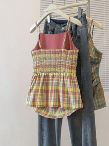 YUXIN 夏季新款复古优雅撞色格子无袖背心女款，设计褶皱收腰镂空后背短款吊带背心