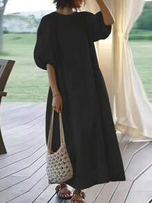 时尚女式中长灯笼袖系带连衣裙，半袖圆领，开衩细节，休闲梭织面料，舒适 - 黑色 - 查看 4