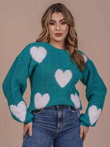 Heart Blouse With Fur Knit Wool Fang Puff Sleeve Women's Oversize Winter Cold Laffy Knit - 綠色與白色 - 查看 1