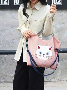 新款卡通猫刺绣大容量斜挎包，女士时尚手提包 - 彩色 - 查看 6