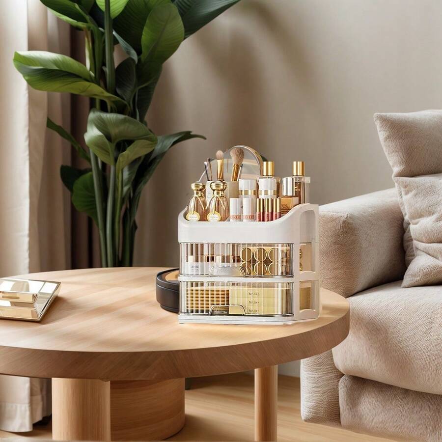 3-Shelf-5-Shelf Cosmetic Organizer, Dressing Table Cosmetic Organizer With Drawers - Spacious Storage Space For Skincare Products, Brushes, Eyeshadows, Lotions, Lipsticks, Nail Polishes - Perfect For Dressing Tables, Bathrooms, Bedrooms And Vanities - 杏色3層 - 查看 1