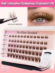 60 pezzi di ciglie individuali a grappolo con adesivo, riccio C, marrone, lunghezza 8-16mm, kit di estensione ciglie fai-da-te con pinzette e arricciaciglia, aspetto naturale, ciglie segmentate da applicare senza colla, estensioni di ciglie a spina, grappoli di ciglie, ciglie individuali, ciglie finte