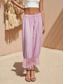 Women Lace Trim Bloomers Casual Elastic Mid Rise Ruffle Cropped Pants Loose Slips Trousers Comfort Bottoms - Pink - View 4