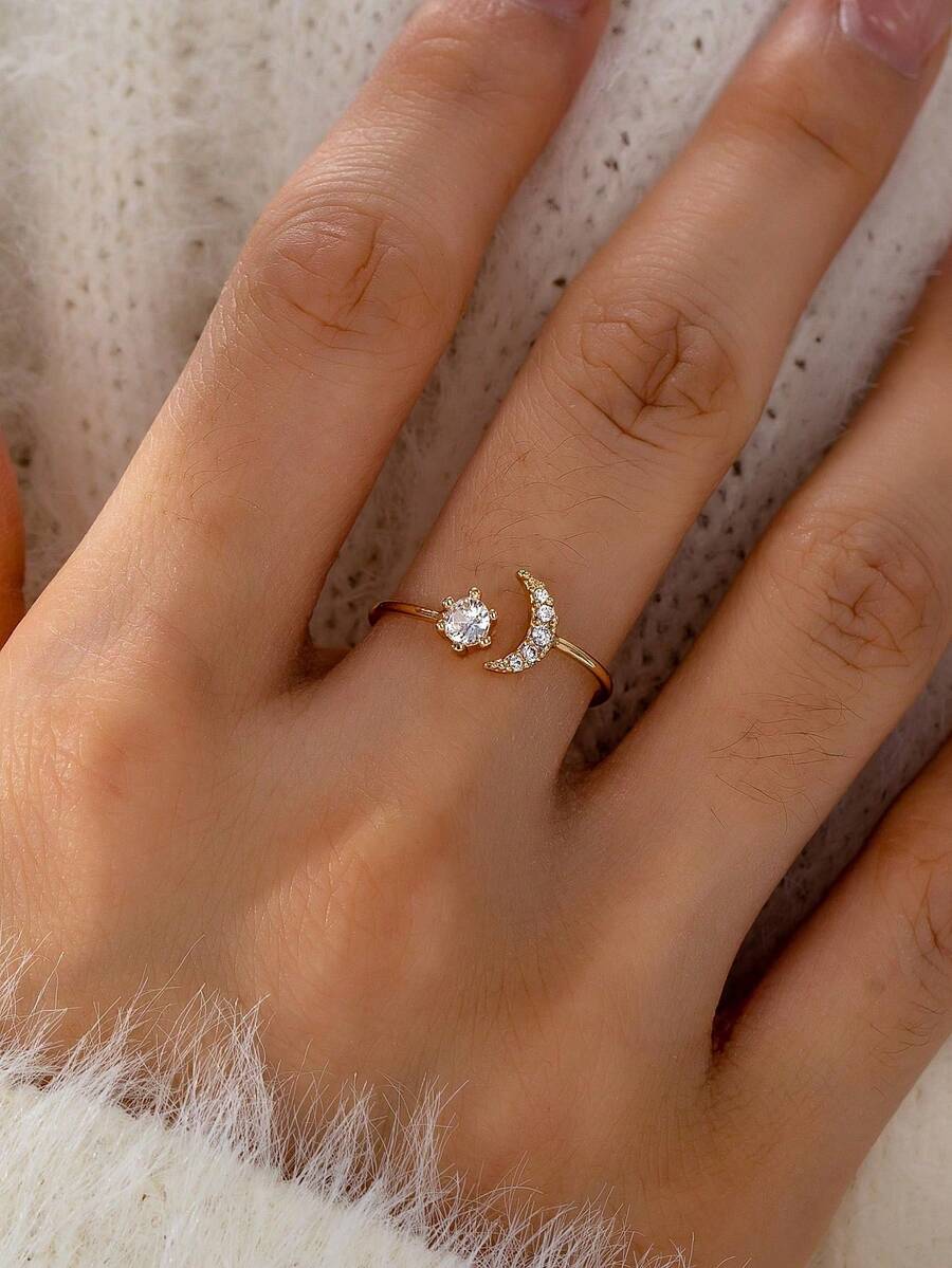 1枚简约铜锆石星月设计可调节水晶戒指，女士款 - 金色 - 查看 1