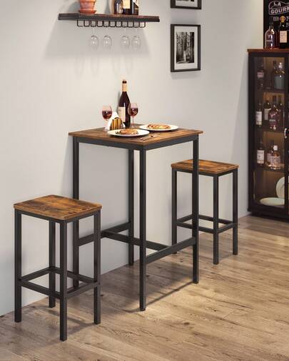 Tavolo da Bar con Sgabelli, Tavolo da Pranzo con 2 Sgabelli, Tavolo Cucina 60 x 60 x 90 cm, Sgabello di 30 x 40 x 65 cm, Sala da Pranzo, Marrone Vintage e Nero