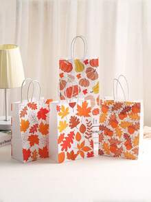 4/8/12 حقيبة هدايا خريفية قابلة لإعادة الاستخدام - حقيبة ورق كرافت مع أنماط أوراق القيقب والقرع، تغليف هدايا موسمي وديكور عيد الحصاد، حقيبة تسوق لمراكز التسوق، حقيبة هدايا حلوى من الورق الكرافت مطبوع عليها أوراق القيقب - متعدد الألوان - مشاهدة 8
