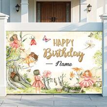 1 szt. personalizowany baner urodzinowy z imieniem, tło do zdjęć w stylu vintage z motywem kwiatowym i bajkowym lasem, baner urodzinowy na ścianę i stół z tortem