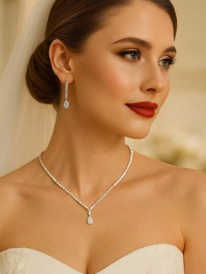 3pcs Minimalist Elegant Cubic Zirconia Jewelry Set, Necklace, Suitable For Daily Wear, Wedding, Party, Birthday, Holiday