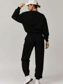 Customize Personalized Gifts With Unique Design, Add Your Own Text And Images (Badge Pattern/Company Logo/Family Photo/Selfie/Pet), Personalized Sweatshirt And Sweatpants Two Pieces Set - Black - View 2