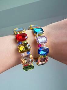1 件混色立方水晶手链，富有弹性，欧美嘻哈风格，朋克时尚手镯 - 彩色 - 查看 3