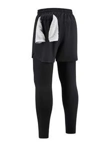 Men's 2-In-1 Sports Pants, Elastic Fitness Trousers With Printed Leg Hems And Pockets, Suitable For Sports, Fitness And Outdoor Cycling - Black - View 4