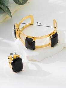 1 Bộ trang sức nhẫn và vòng tay nửa vòng đính ngọc trai khảm kim loại phóng đại, quà tặng - Đen - Xem 5