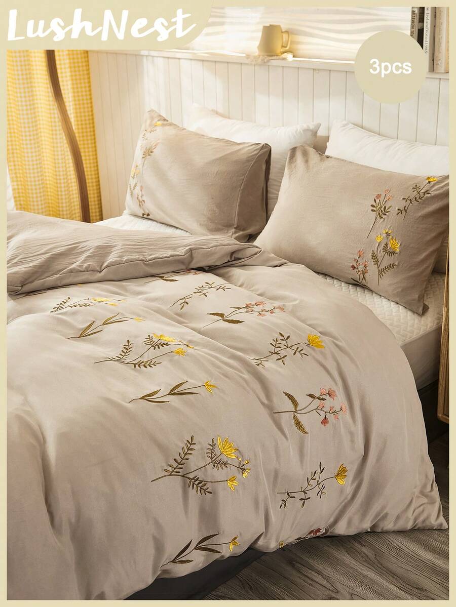 1. Bộ ga trải giường thêu hoa, bộ vỏ chăn phong cách Bohemian, bộ vỏ chăn phong cách Bohemian màu be, 3 món, bộ vỏ chăn thêu hoa kiểu trang trại cổ điển, quà tặng cho phái nữ, bộ ga trải giường jacquard mềm mại cho mọi mùa.