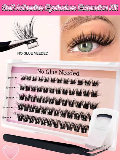 60 قطعة مجموعة رموش فردية لاصقة ذاتيًا بشكل C، من 8 إلى 16 مم، طقم إطالة رموش DIY مع ملقط وكيرلر الرموش، بدون حاجة لصمغ، رموش عنقودية، رموش فردية، رموش مستعارة