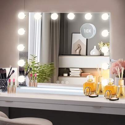 Teousev 50x42cm Vanity Mirror With Lights, Makeup Mirror With USB Charging Port, 14 Bulbs, 3 Lighting Modes, Desktop And Wall Mounted,Bedroom Tabletop Dressing Mirror White