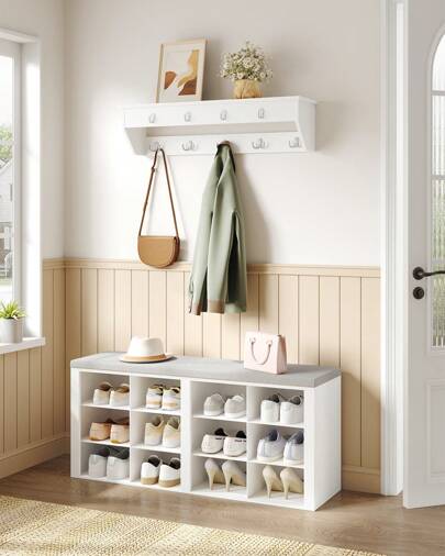 Hzuaneri Garderobe mit Sitzbank, Schuhbank mit Sitzfläche, Eingangsbank 30 x 104 x 49 cm, Wandgarderobe mit 9 Haken Kleiderhaken für Wohnzimmer, Schlafzimmer, Eingangsbereich, Weiß-Grau