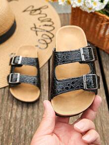 1 Pair Children's Fashionable Leopard Print PU Design Non-Slip Soft Cork Flat Toe Open Beach Slippers, Suitable For Summer