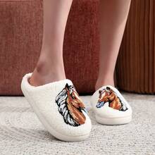 1 Pair Cartoon Animal Western Cowboy Style Plush Horse Fabric Slippers, Unisex, Suitable For Home, Holidays, Autumn/Winter, White Horse Animal Indoor Non-Slip Soft Bottom Shoes, Gift For Horse Lovers - White - View 4