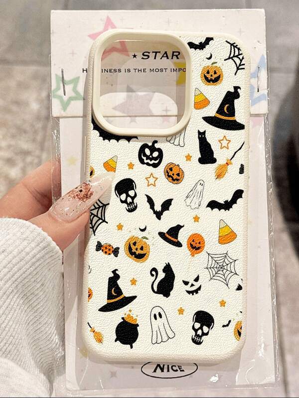 1pc Cute Black Cat, Halloween Pumpkin & Ghost Pattern Waterproof, Anti-Fall, Anti-Slip Soft Leather Phone Case, Compatible With Apple, And Phones