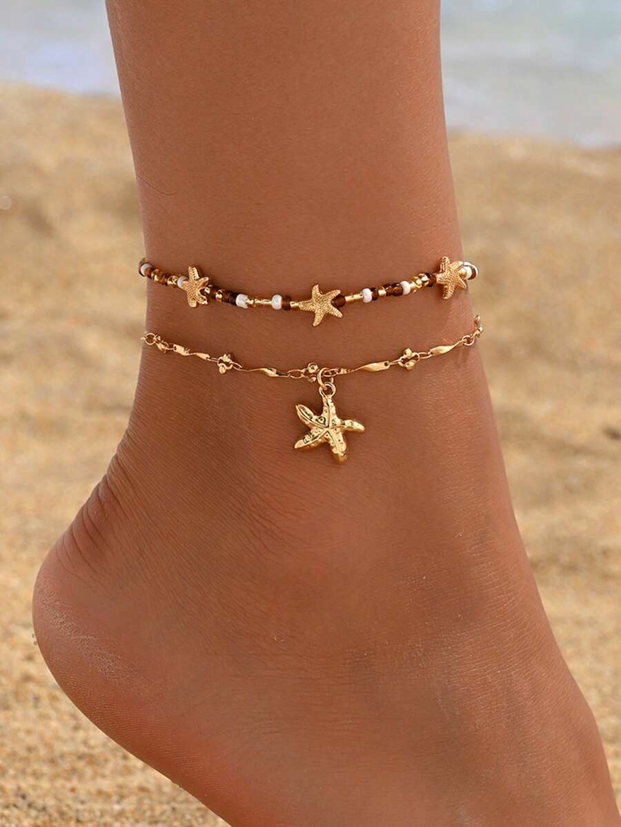 2 peças/Conjunto Tornozeleira Boêmia Feita à Mão com Pingente de Estrela do Mar, Joia de Pé Estilo Oceânico para Mulheres, Adequada para Uso Diário, Praia, Festa, Festival de Música. A Corrente Feita à Mão Pode Ser Cortada no Comprimento Desejado.