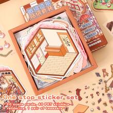 60张可爱风格DIY迷你房屋贴纸，风景贴纸套装（40张贴纸，20张背景卡），装饰性DIY景观贴纸，3D微缩房屋场景贴纸，风景贴纸，场景贴纸，手册贴纸，可重复使用