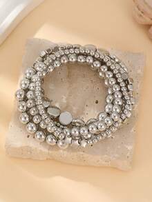 6 pièces/set Bracelet élastique empilé avec perles géométriques CCB minimaliste et polyvalent de style rétro, convient pour les tenues de travail quotidiennes des femmes - Argent - Voir 3