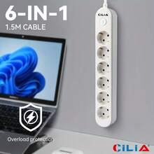 CILIA 1/2 Pcs 6-In-1 European Standard Power Socket, With 6 AC Power Sockets, Supports Multi-Device Charging, Overload Protection, Surge Protection, Wall-Mounted, 1.5M/5FT Extension Cable, Suitable For Home, Office, Travel - EU E Type Plug(220-240V) - View 7