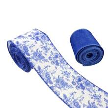 2Rolls, Blue White Floral Wired Edge Ribbon, Chinoiserie Ribbon Vintage Floral Peony Patterned Fabric Ribbon For Gift Wrapping, Wedding Deration, Wreath Bow Making