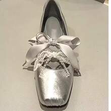 Silver Square Toe Ballet Style Flat Shoes For Women