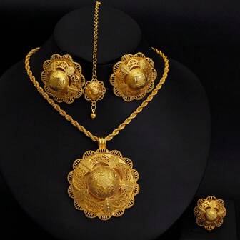 4 件套奢华珠宝套装，金色女士珠宝套装包括花形吊坠、戒指、耳环、头链、星星图案，传统非洲新娘婚礼配饰礼物
