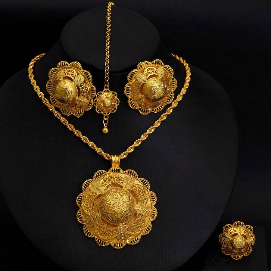 4pcs/Set Luxury Jewelry Set, Saudi Arabian Style, Golden Color, Flower Shaped Pendant, Ring, Earrings, Headchain, Star Pattern, Traditional African Bride Wedding Accessories Gift - A - View 1