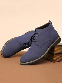 1 Pair Men's Suede Casual Business Versatile High-Top Lace-Up Leather Boots, New British Style Nubuck Soft Sole Boots, Suitable For Daily Wear - Blue - View 3