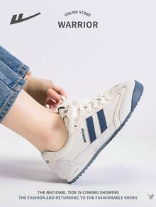 WARRIOR 1 Pair Women's Lace-Up Casual Sneakers, Flat Comfortable Trainers, Unique Stylish Versatile Lightweight Non-Slip Outdoor Low-Top Leisure Shoes - Beige Dark Blue - View 8