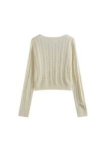 韩版休闲秋冬麻花针织毛衣，单排扣方领纯色套头衫，女士 - 乳白色 - 查看 5