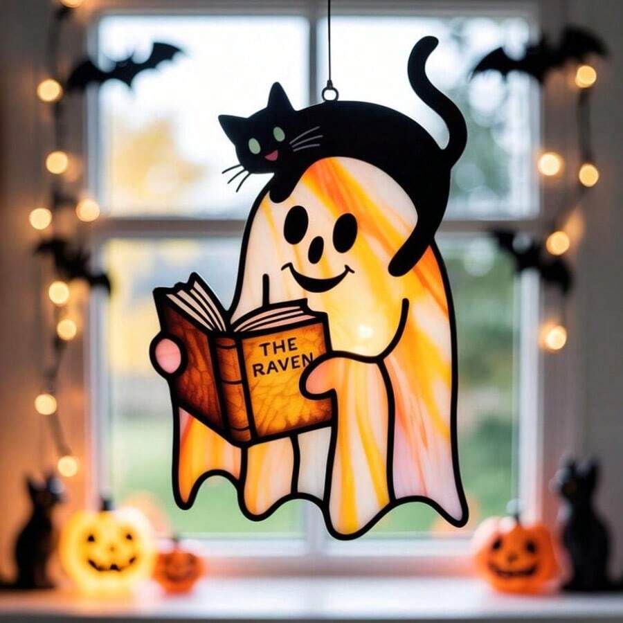 1PC Cute Reading Ghost And Black Cat Acrylic Ornament, Halloween Stained Acrylic , Cute Spooky Ghost, Black Cat Window Hanging, Fall Bookish Decor - A - View 1