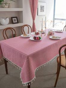 1 件红格子和绿色桌布，波西米亚休闲清新风格餐桌布，适用于酒店、餐厅、卧室、客厅、派对、户外聚会、节日装饰、秋季装饰、房间装饰 - 紅色 - 查看 5