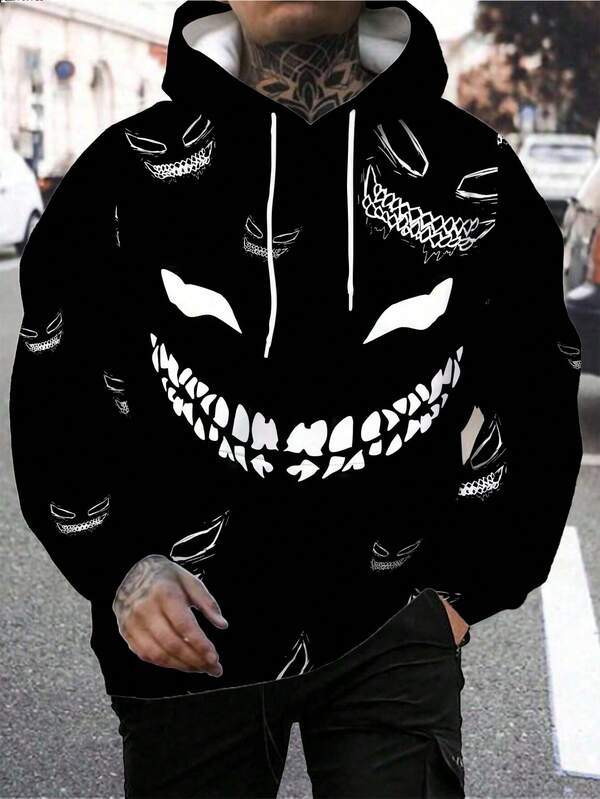 Sudadera con capucha casual y deportiva para hombres con estampado 3D de cara sonriente malvada, para otoño