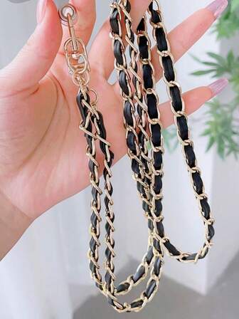 1pc Black Leather Chain Metal Electroplated 110cm Phone Lanyard Spiral Dual Chain Phone Hanging Strap, Fits Most Phone Cases And Bags